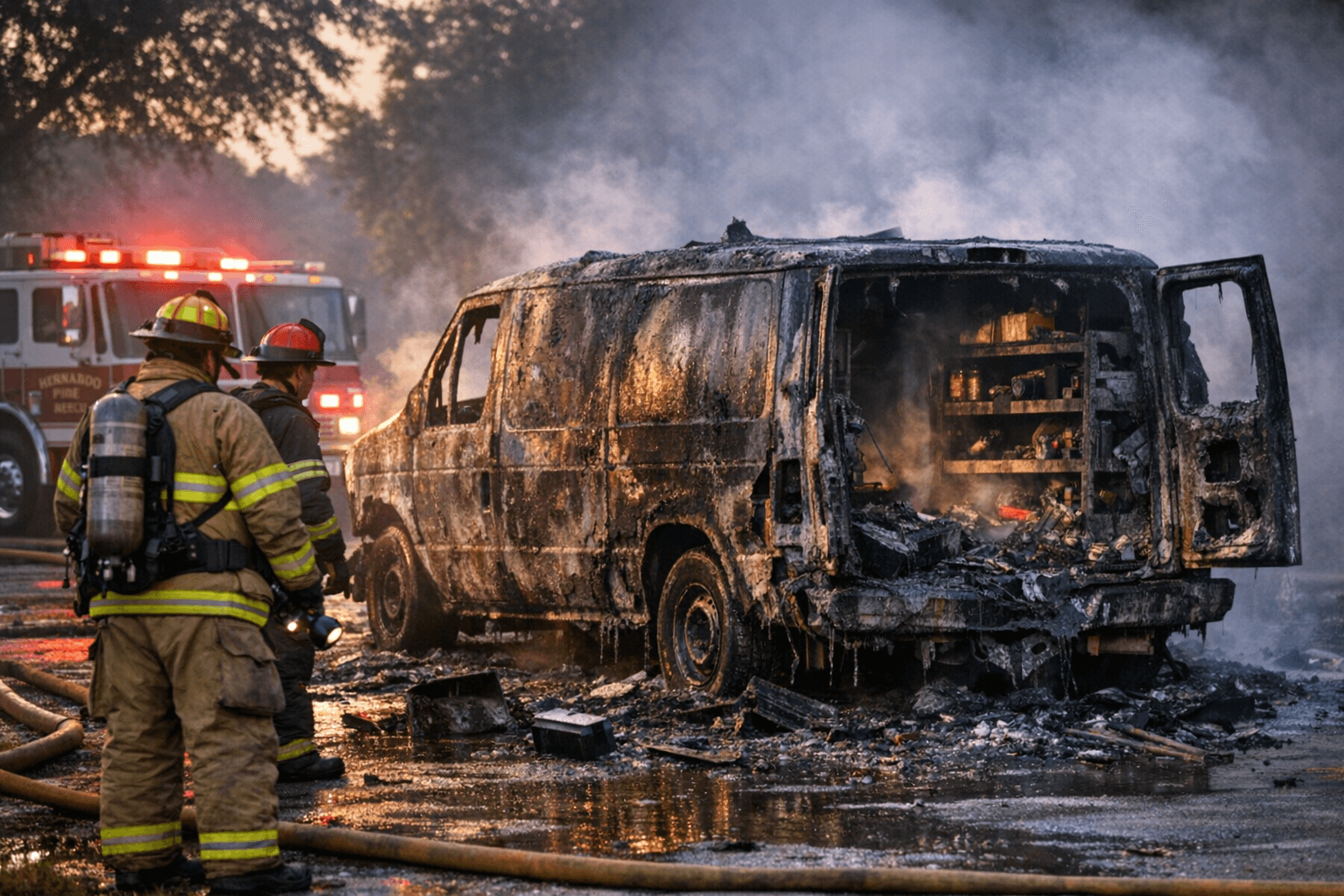 Brooksville Work Van Destroyed in Early Morning Fire, No Injuries Reported