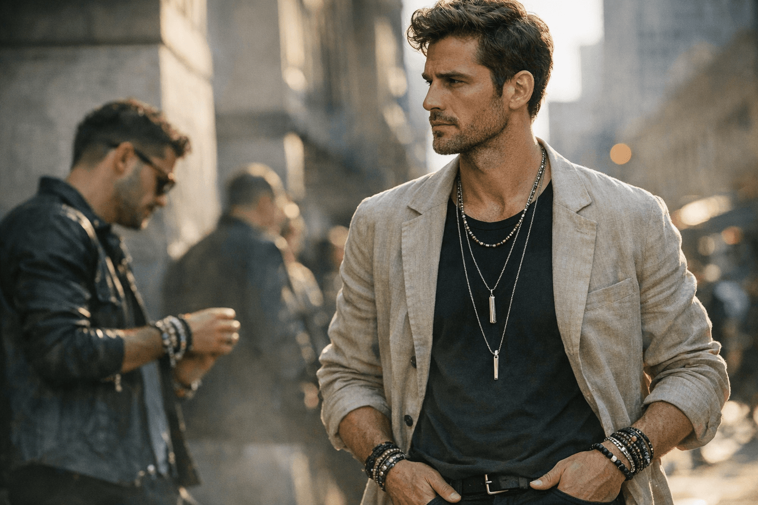 Men's Spring 2026 Layering Trends Favor Long Necklaces, Stacked Bracelets