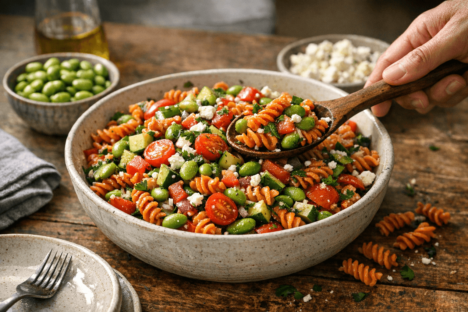 High-Protein Pasta Salad Packs 50 Grams Using Lentil Pasta and Edamame