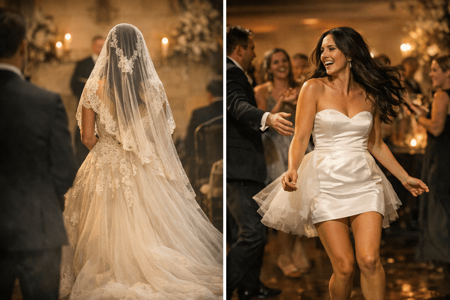 Bride's Convertible Gown and Mantilla Veil Transformed From Ceremony to Reception