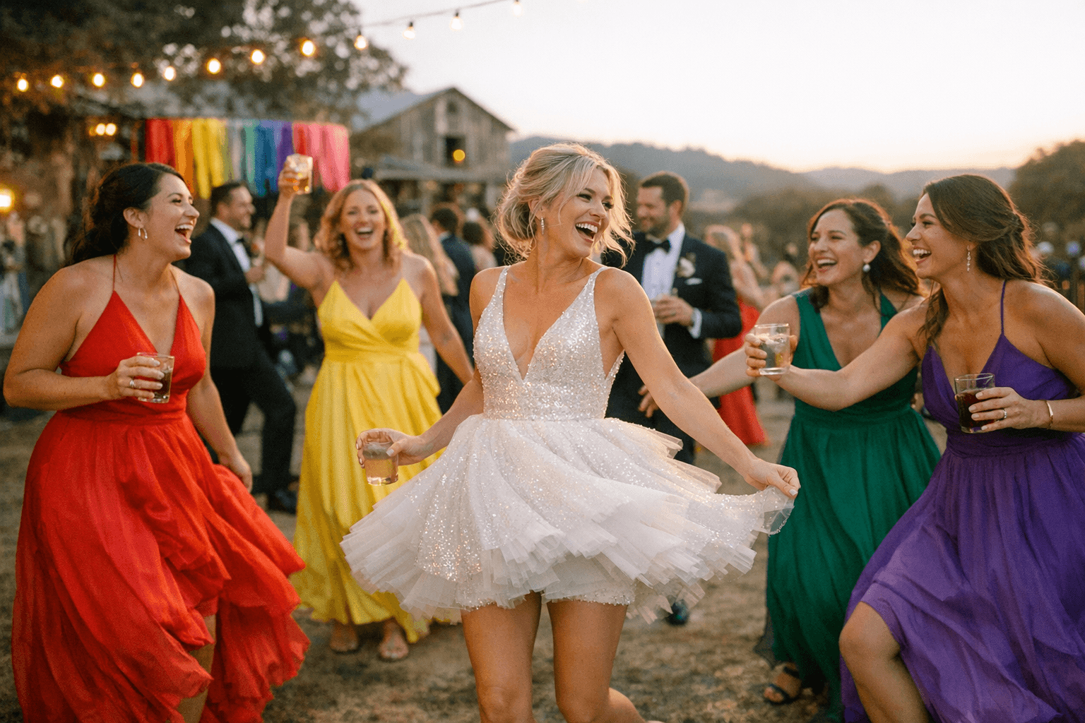 Colorful Rainbow Ranch Wedding Blends Black-Tie Elegance With Playful Reception Style