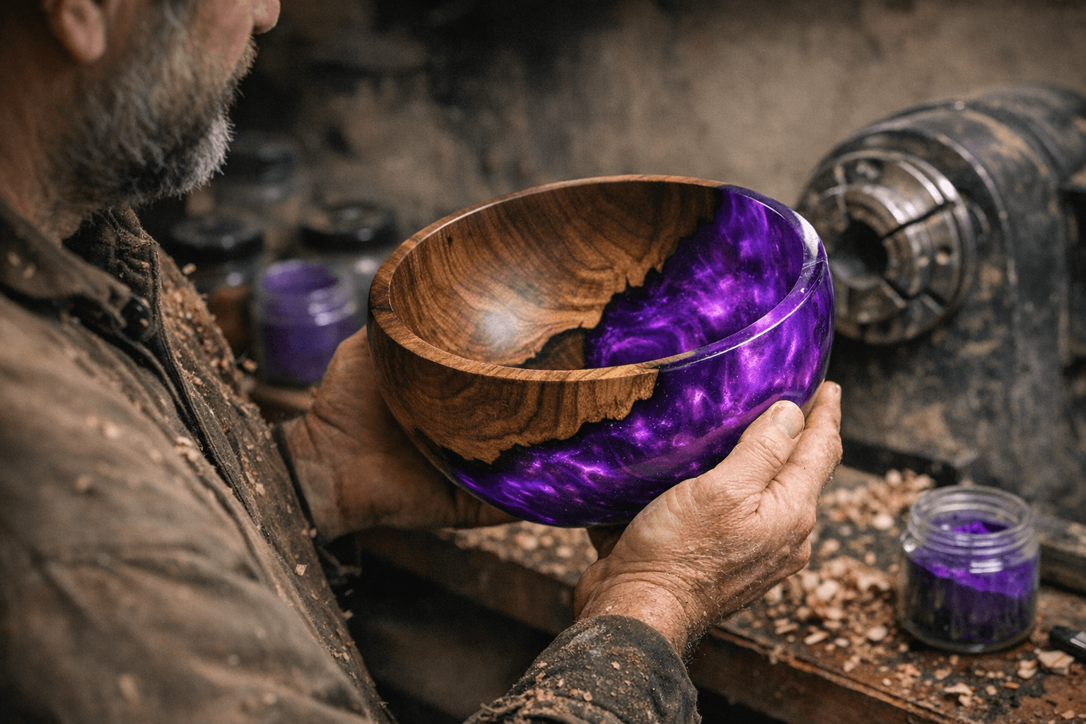 Woodturner Combines Walnut and Purple Resin to Create Striking Bowl