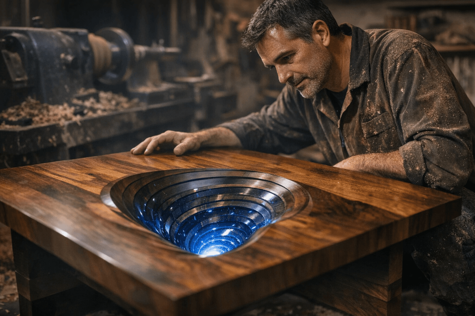 Woodturner Combines Lathe Skills and Flatwork to Craft Wormhole Coffee Table