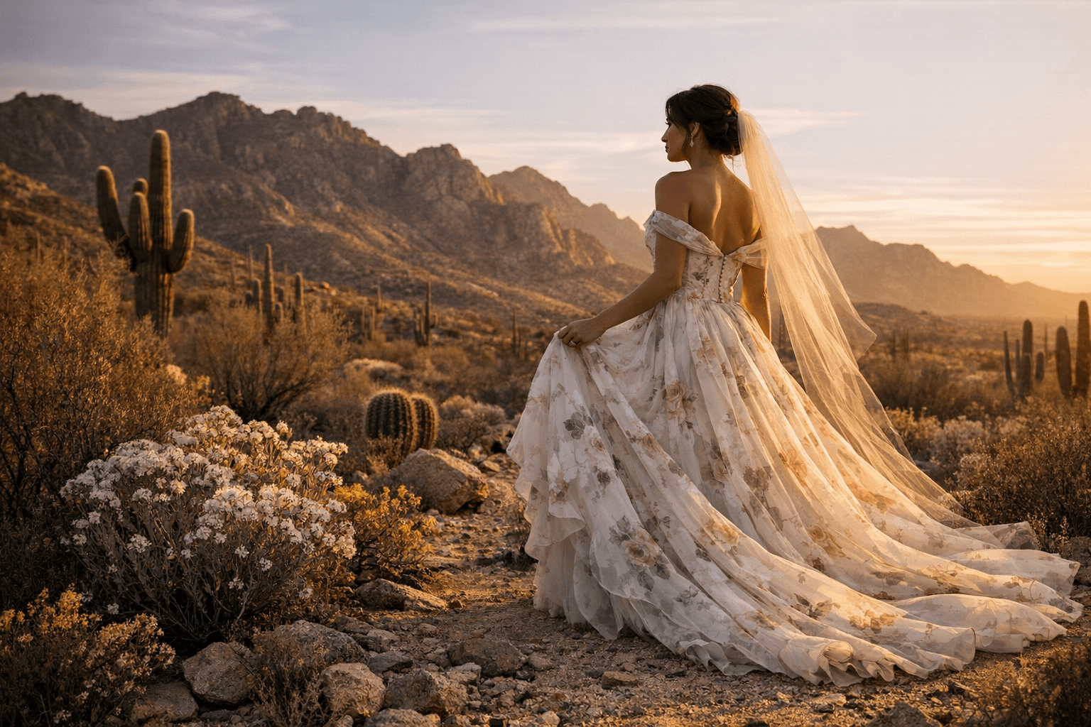 Desert Warmth Shapes a Tortolita Mountains Bride's Rossini Gown Choice