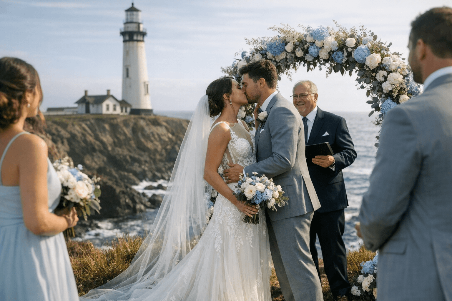 Coastal Lighthouse Wedding Features Enzoani Gown and Baby-Blue Color Story