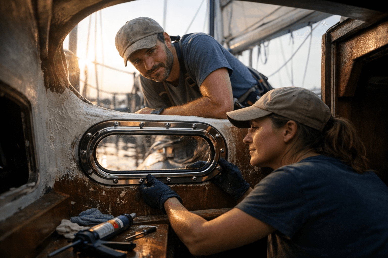Rigging Doctor Couple Seals Old Windows, Installs Ocean-Rated Portlights on 1966 Alberg 30