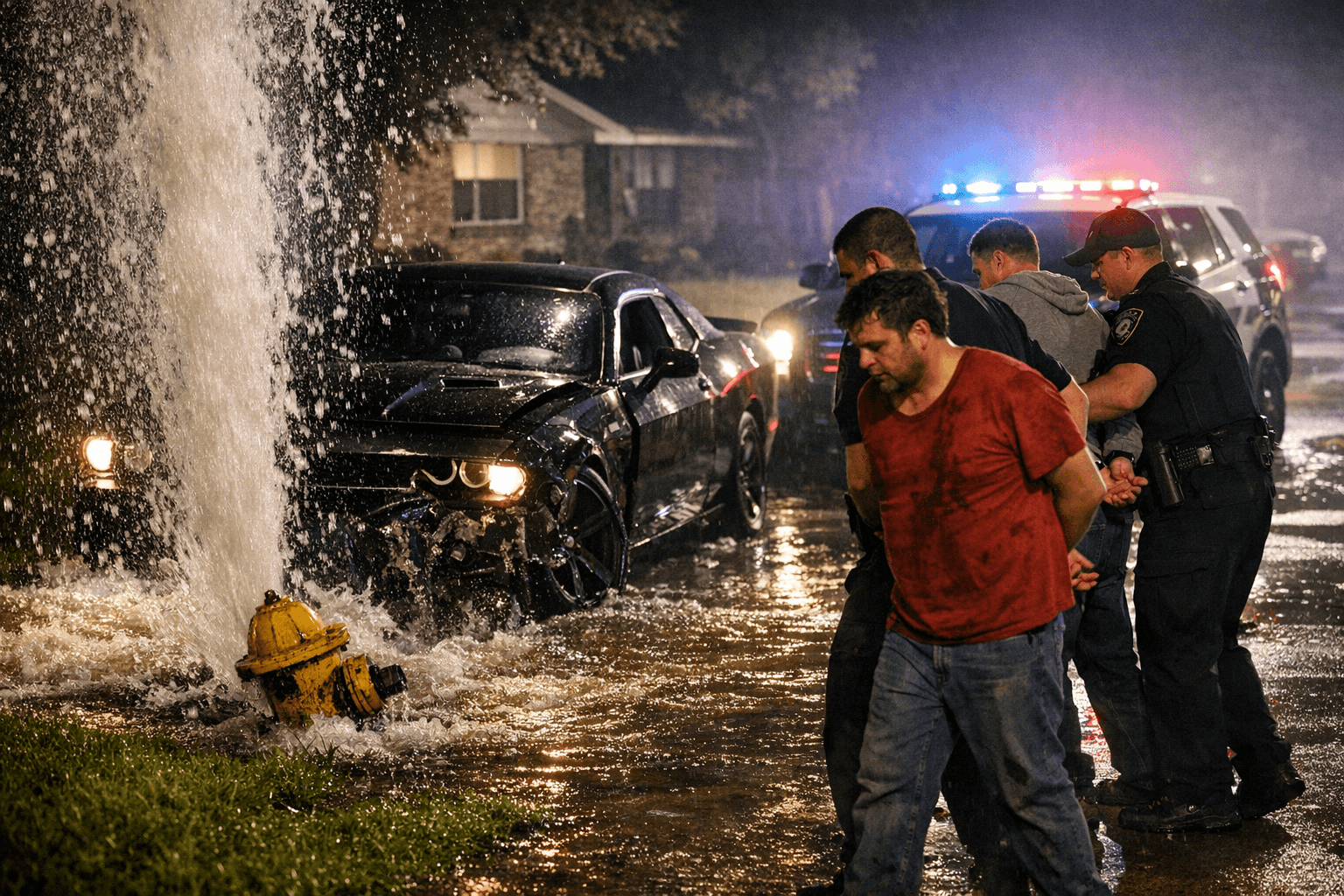 Two Arrested After Dodge Challenger Hits Spring Fire Hydrant, Driver Suspected of DWI
