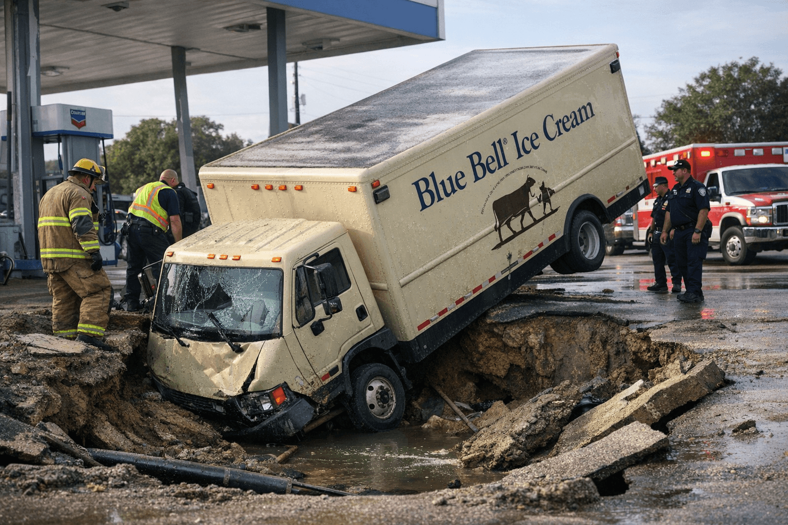Blue Bell Ice Cream Truck Falls Into Large Hole at North Harris County Gas Station