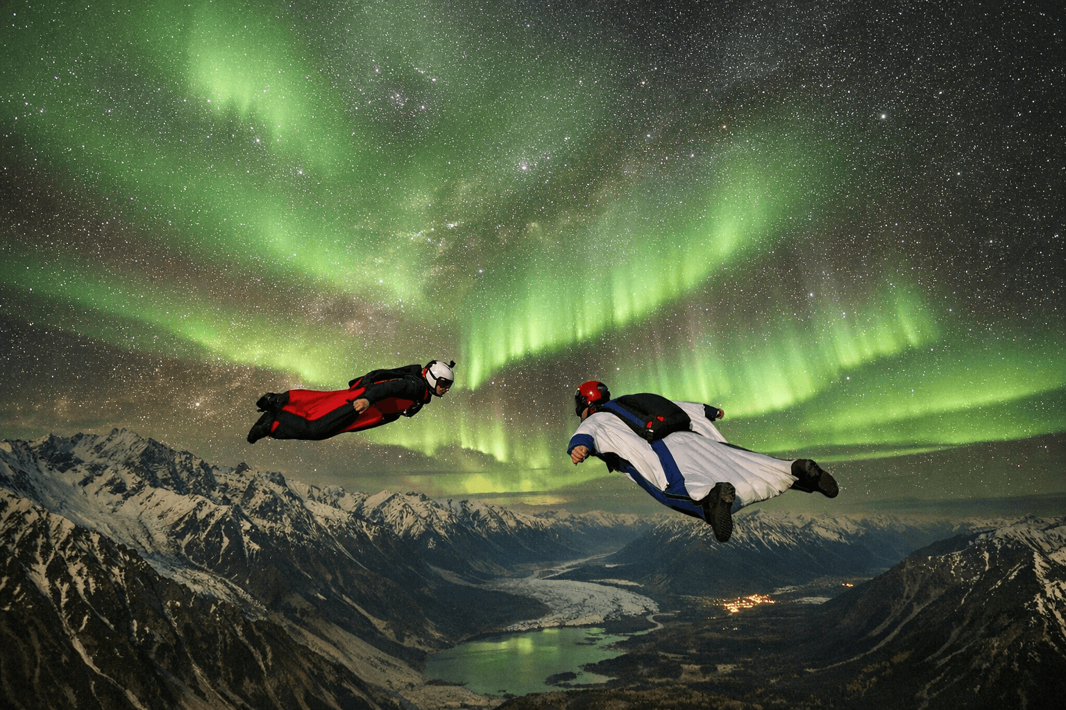 Photographer Captures Wingsuit Skydivers Soaring Beneath Alaska's Aurora Borealis
