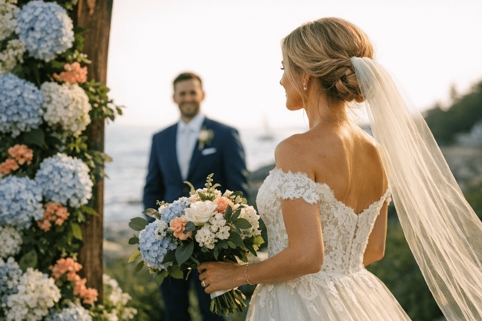 A Hydrangea-Filled Wedding Inspired by Summers in Maine with Soft Blues, Fresh Greens, and Hints of Coral