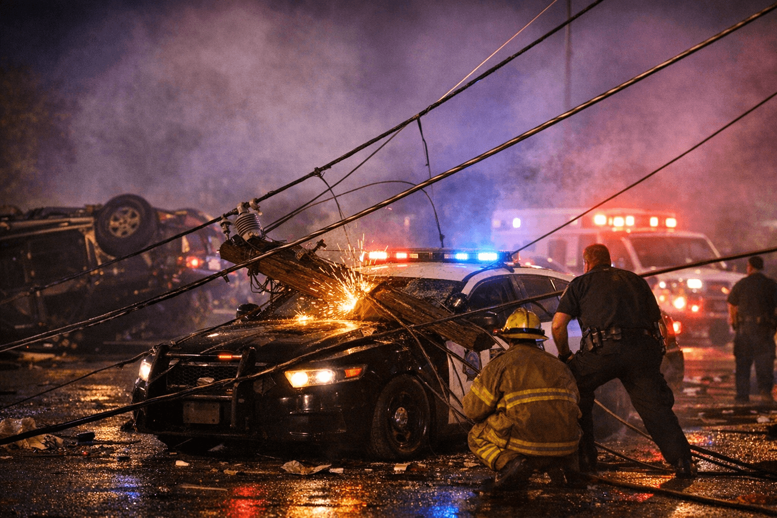 Downed Power Lines Fall on Vehicles, Patrol Car at Fresno Crash Scene