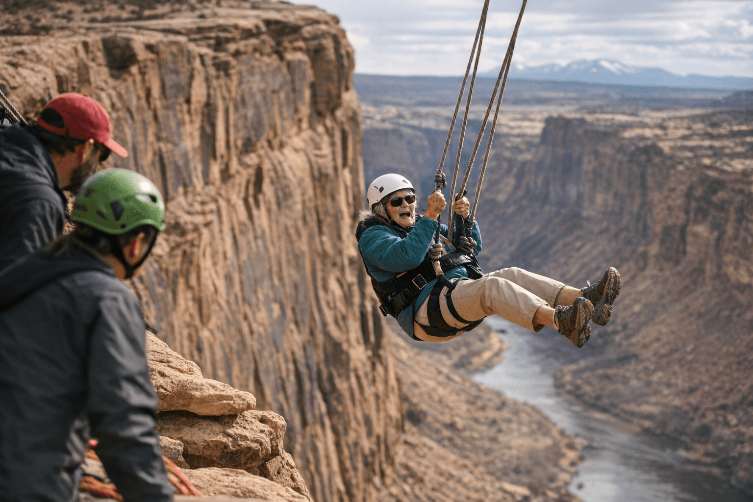 78-Year-Old Barbara Takes First Rope Swing Plunge at Moab's Longest Cliff Swing