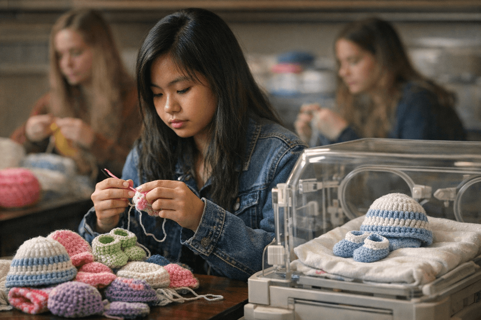 Cherokee County Students Crochet Hats and Booties for NICU Infants, Cancer Patients