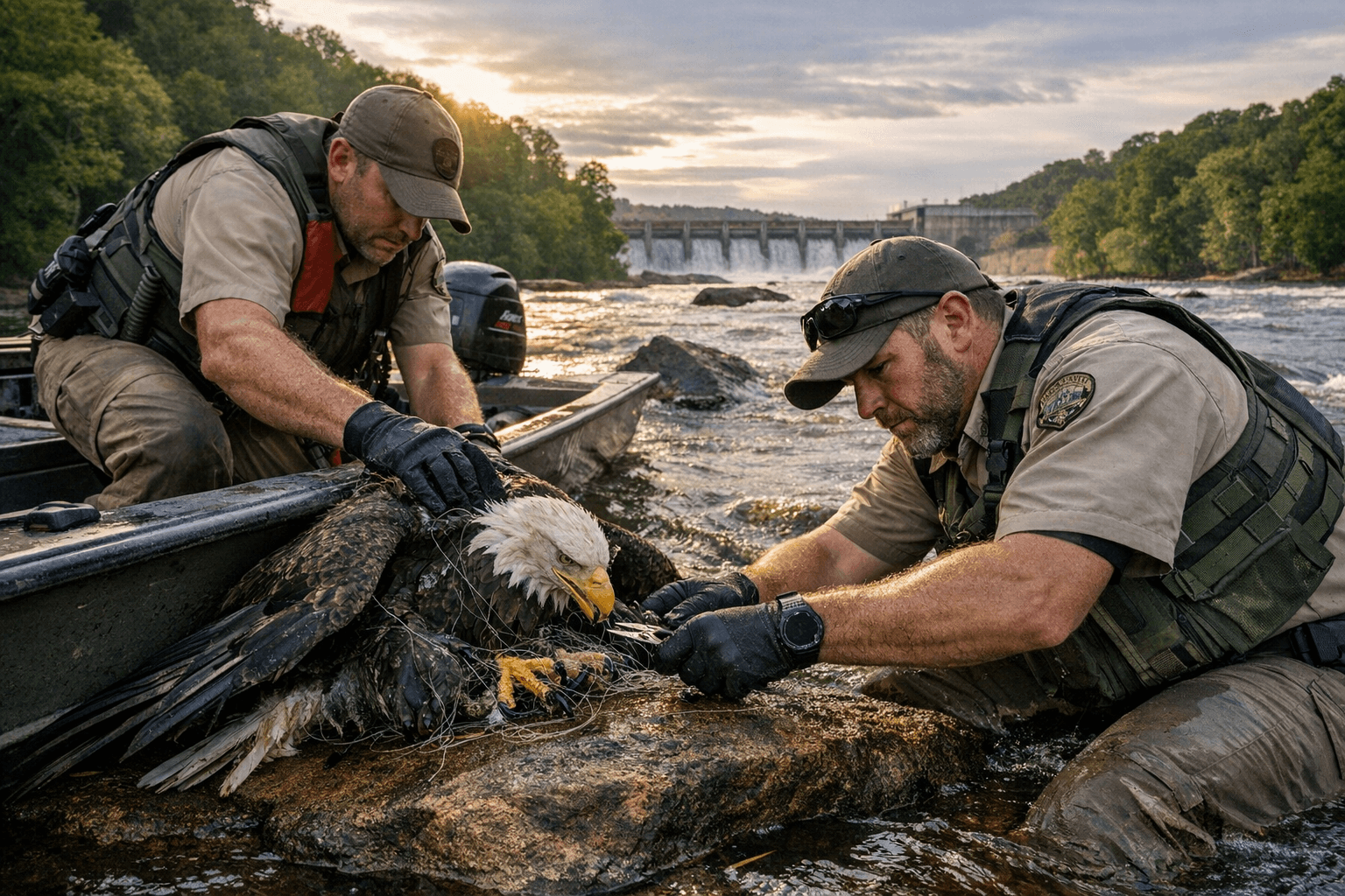 Wildlife Officers Travel Seven Miles by Boat to Free Entangled Bald Eagle on Haw River