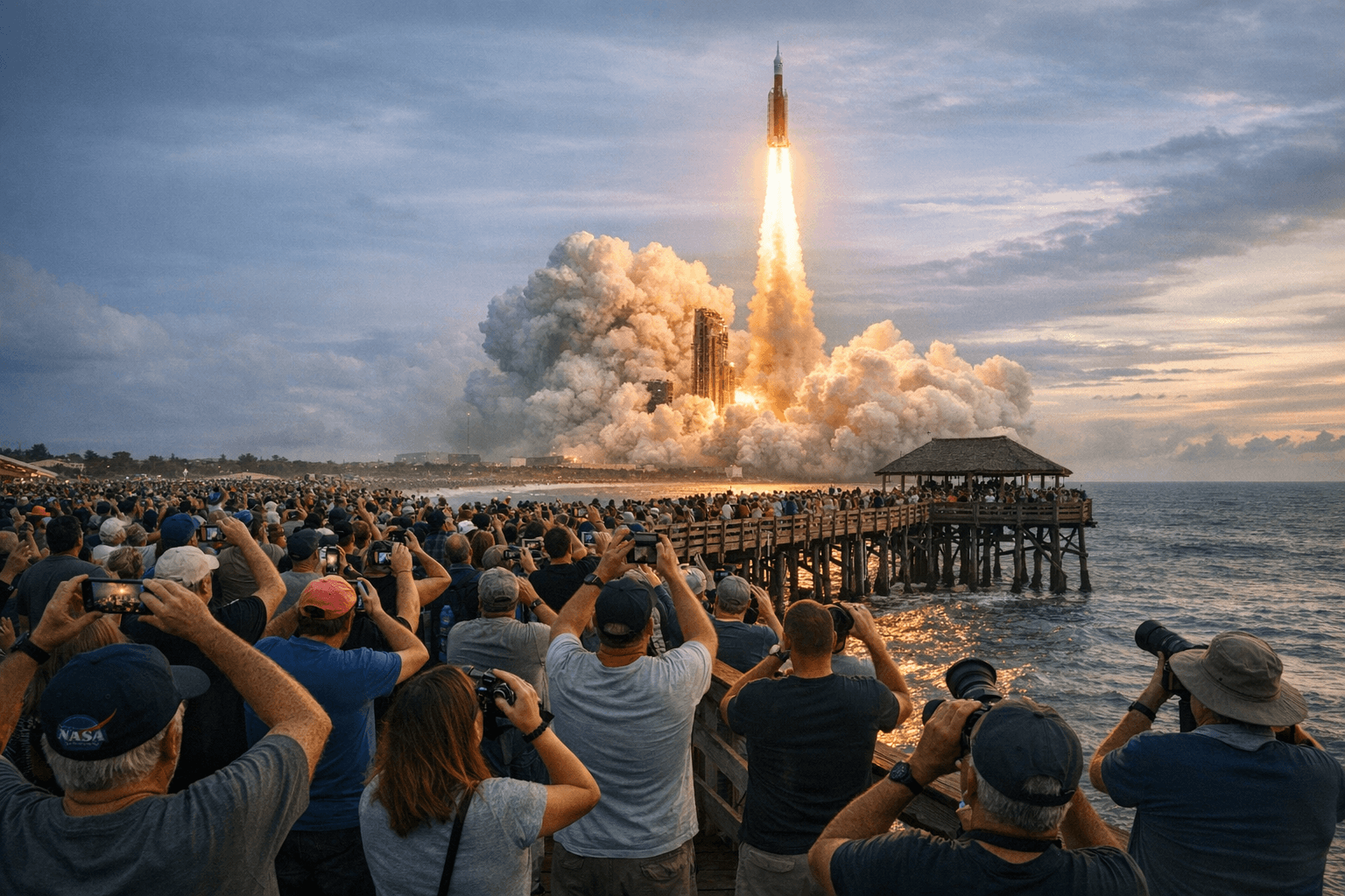 Crowds Pack Cape Canaveral Pier for Historic Artemis II Launch