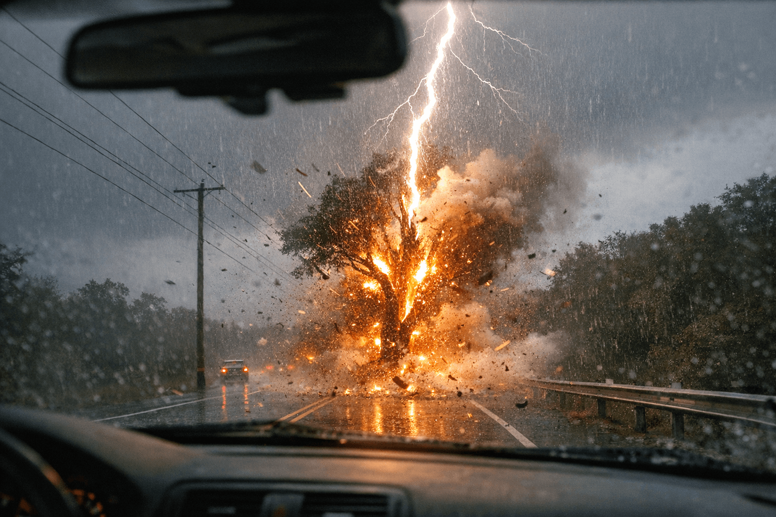 Dashcam Captures Lightning Striking Tree on Silver Lake Road, Clip Goes Viral