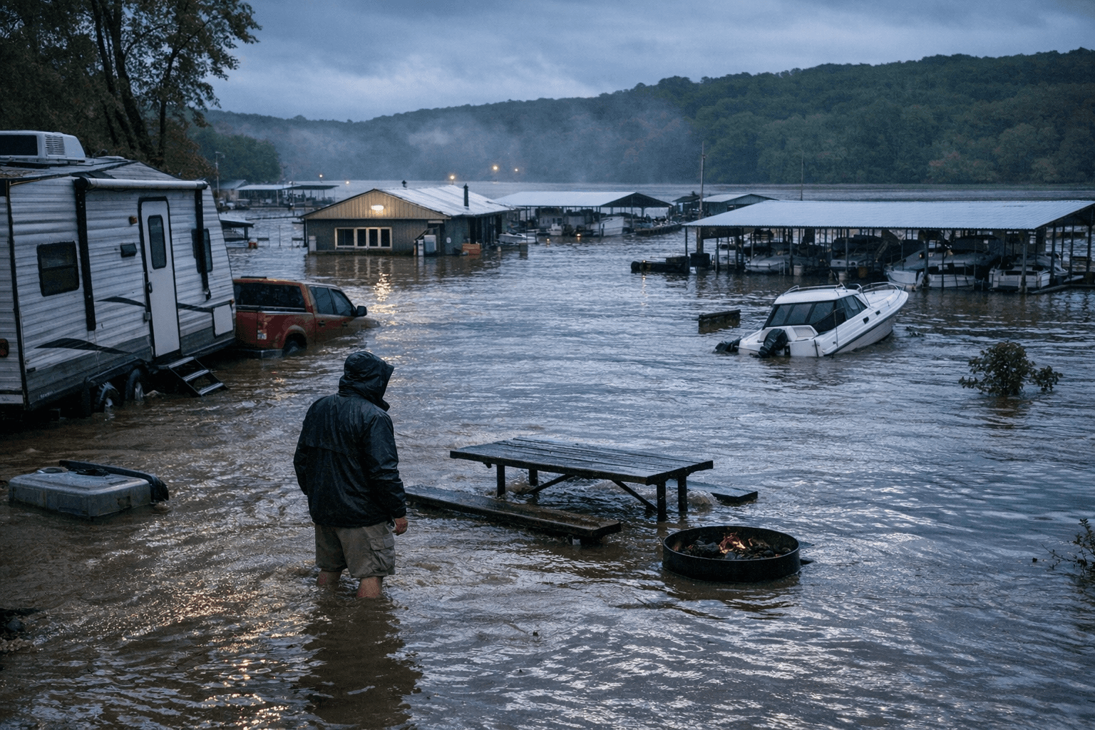 Tennessee River Flooding Hits Perryville Marina Campsites, Boat Docks