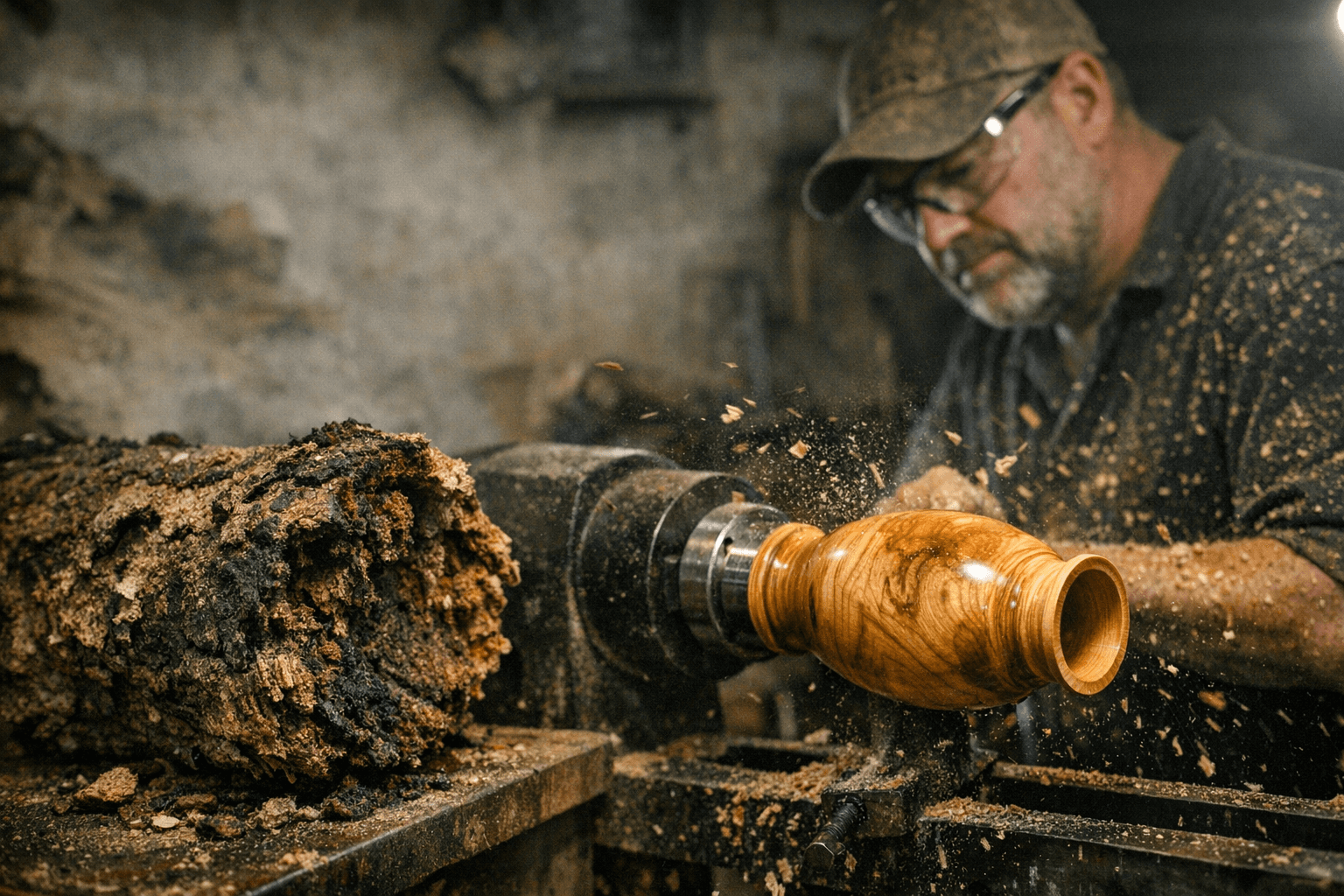 Rotten-Smelling Log Transforms Into a Beautiful Turned Piece on the Lathe