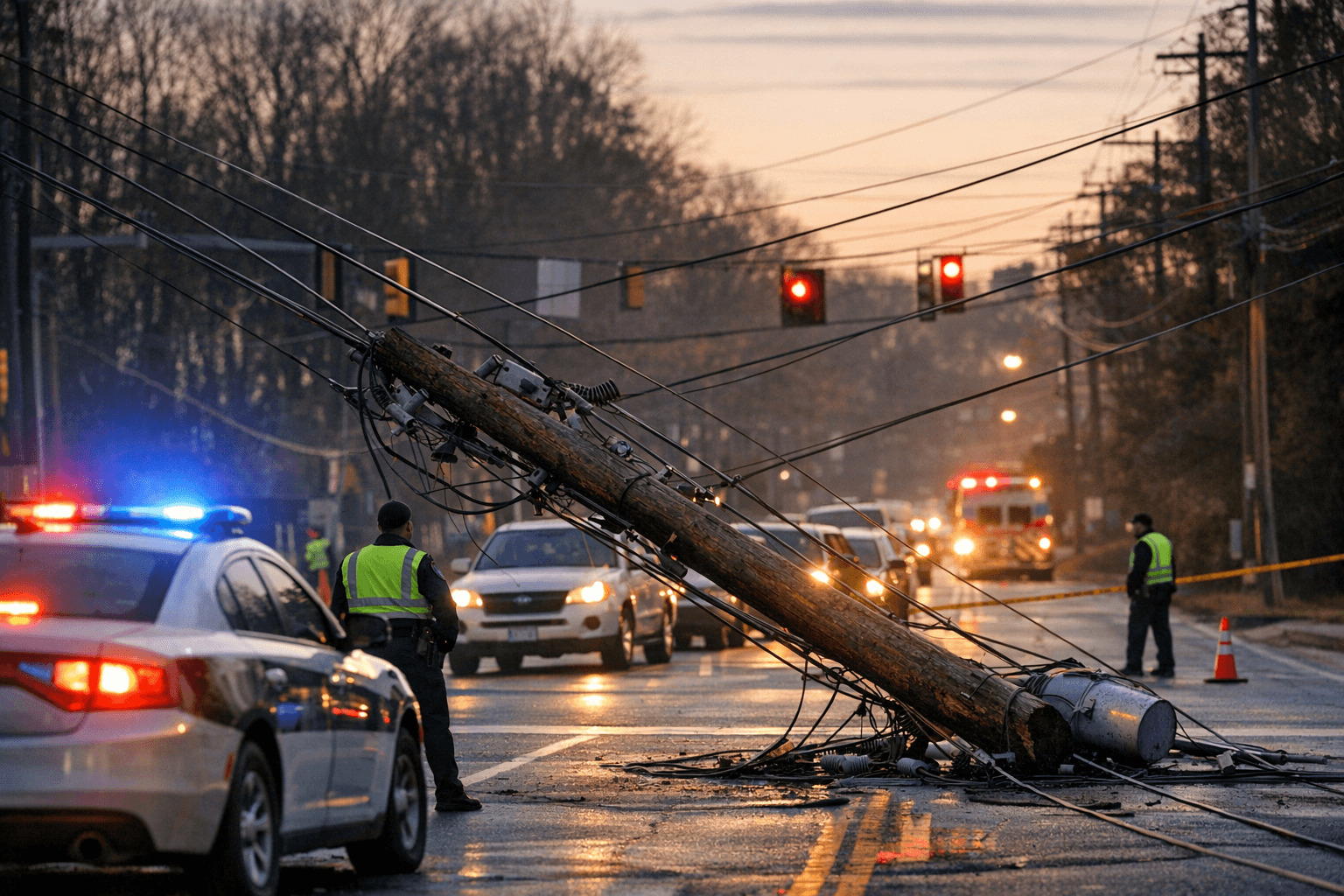 Downed Telephone Pole Closes Trawick Road Intersection in North Raleigh