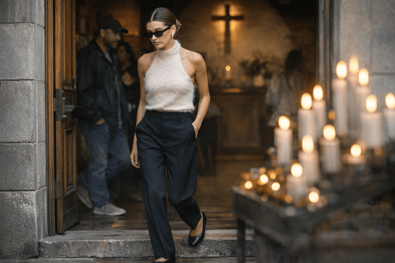Hailey Bieber's Church Look Proves Texture and Tailoring Beat Ornamentation