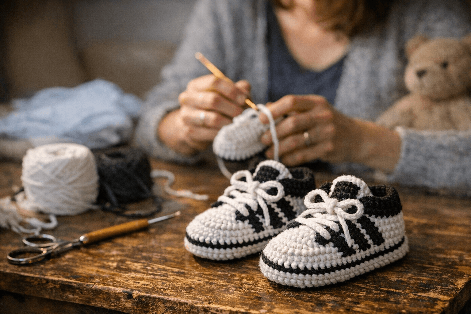 Free Crochet Pattern Turns Baby Booties Into Adidas-Inspired Sneakers