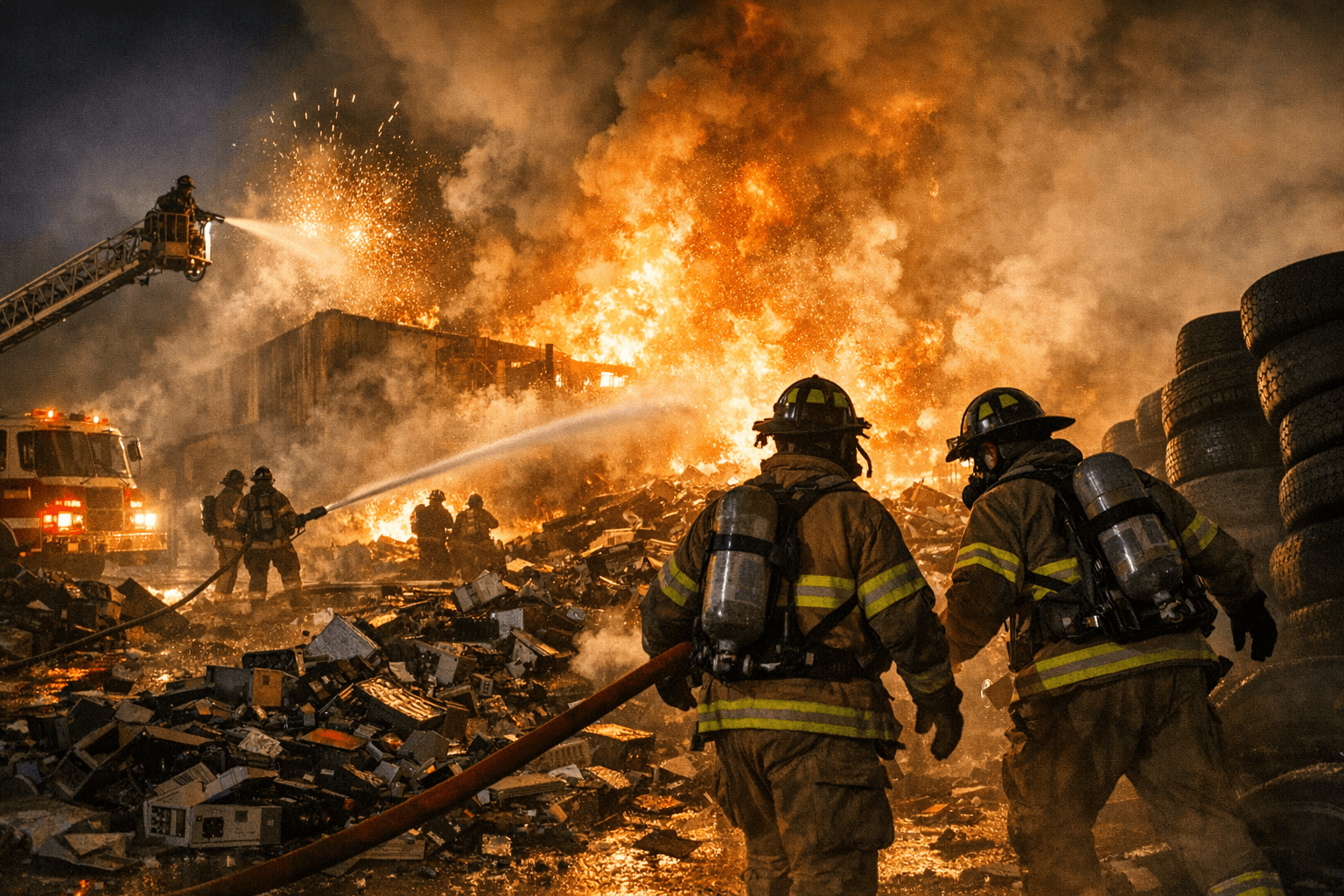 Houston Firefighters Battle Explosive Blaze at Electronics Recycling Warehouse