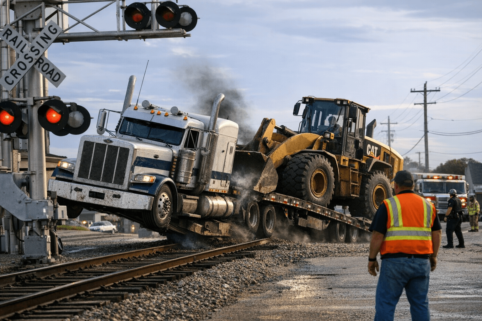 Semi Hauling Heavy Equipment Gets High-Centered on Sterling Railroad Crossing