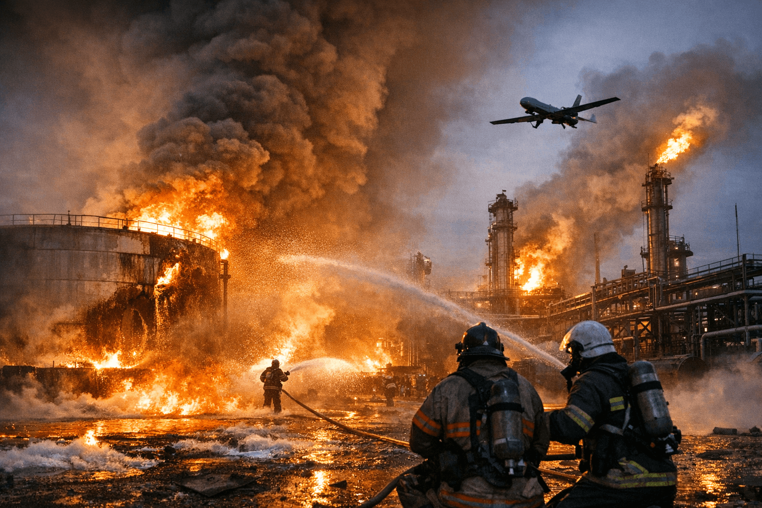 Ukrainian Drones Strike Russian Oil Refinery, Triggering Fires and Fuel Leak