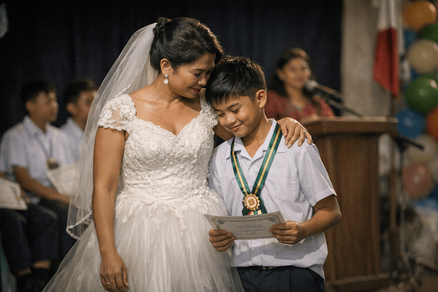 Filipino Mom Wears Wedding Gown to Son's Recognition Day, Sparks Viral Debate