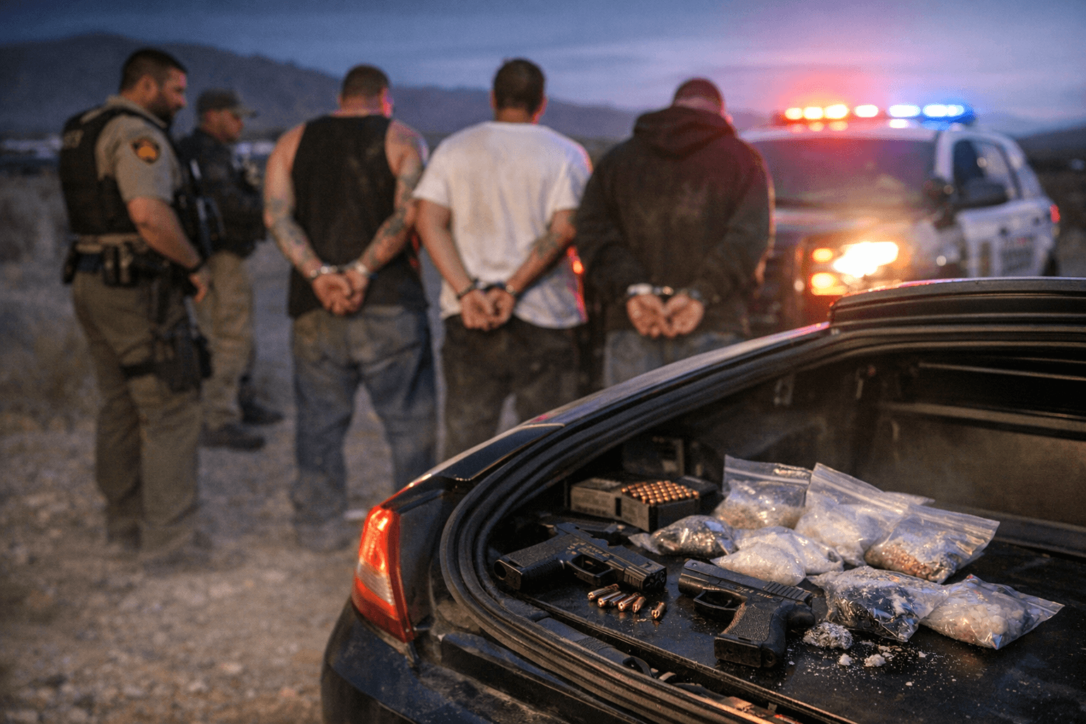 Three Convicted Felons Arrested After Pahrump Traffic Stop Yields Guns, Drugs