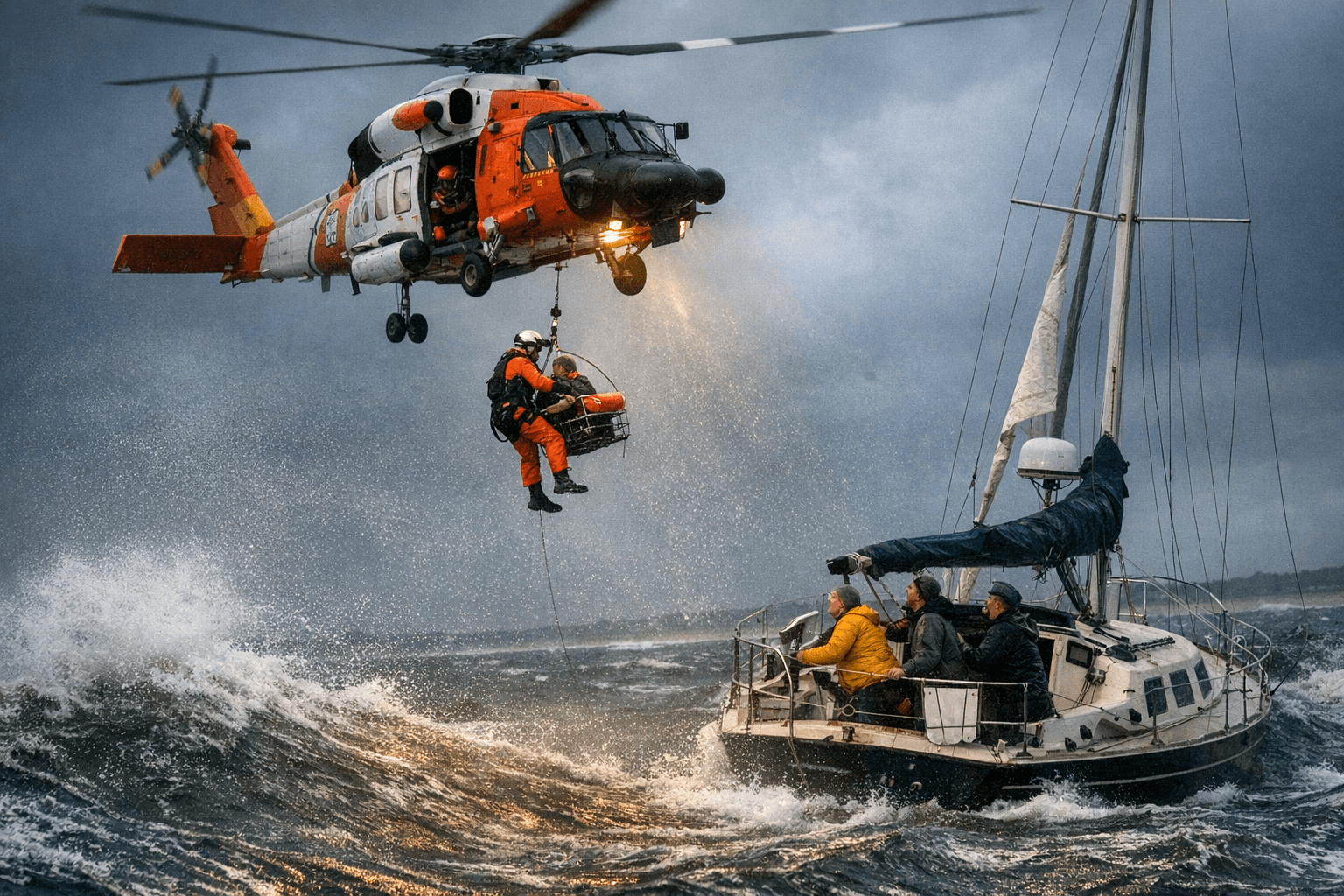 Coast Guard Helicopter Crew Hoists Four From Disabled Yacht Near Fire Island