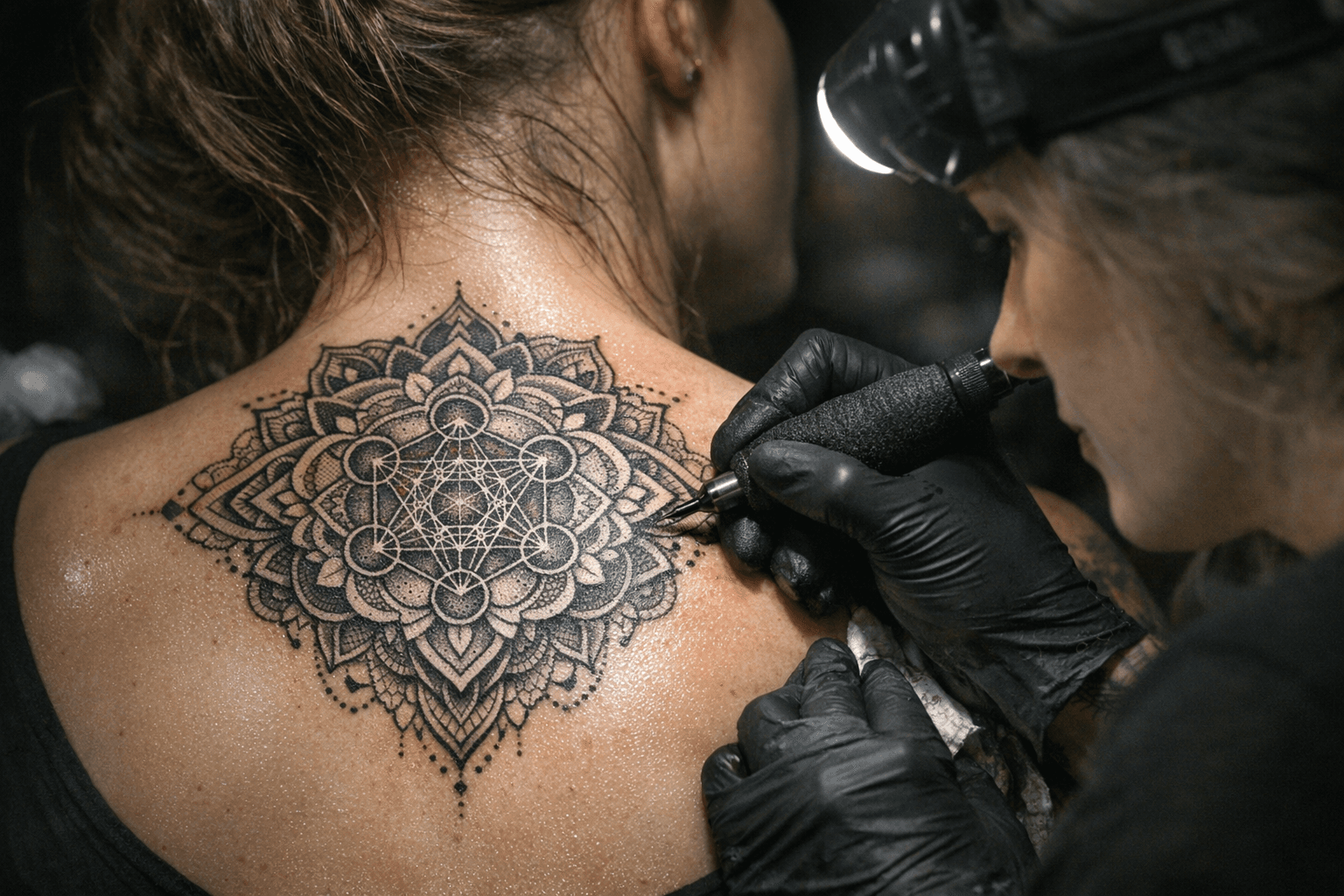 Dotwork Ornamental Tattoo by Alexandriarising.ink Showcases Precise Stippling and Sacred Geometry