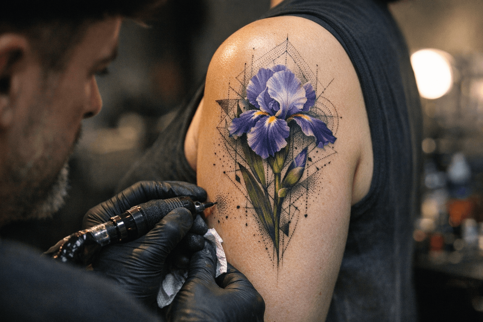 Iris Flower Tattoos Blend Botanical Realism With Geometric Dotwork Designs