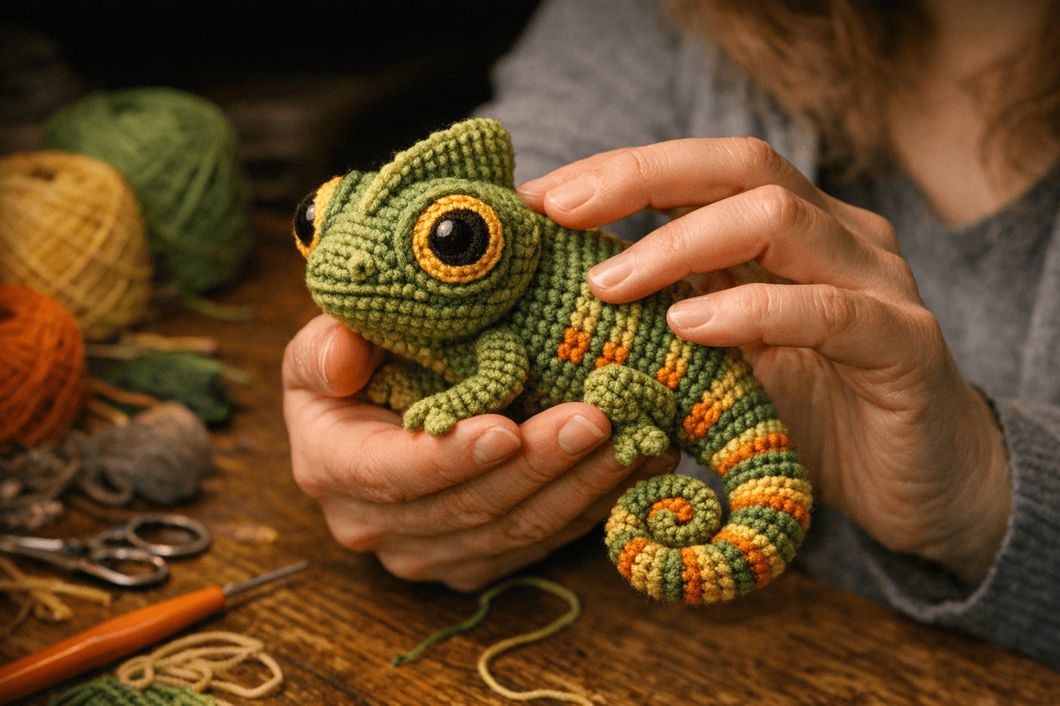 Krochify's Free Chameleon Amigurumi Pattern Prioritizes Eyes, Crest, and Striped Tail