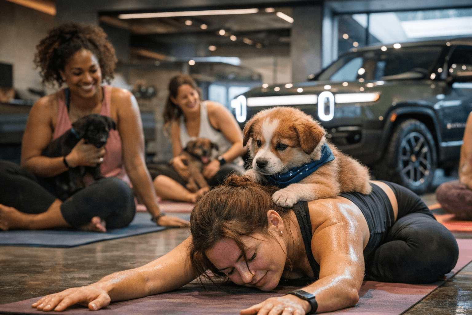 Puppy Yoga Fundraiser at White Plains Rivian Showroom Supports Local Rescues