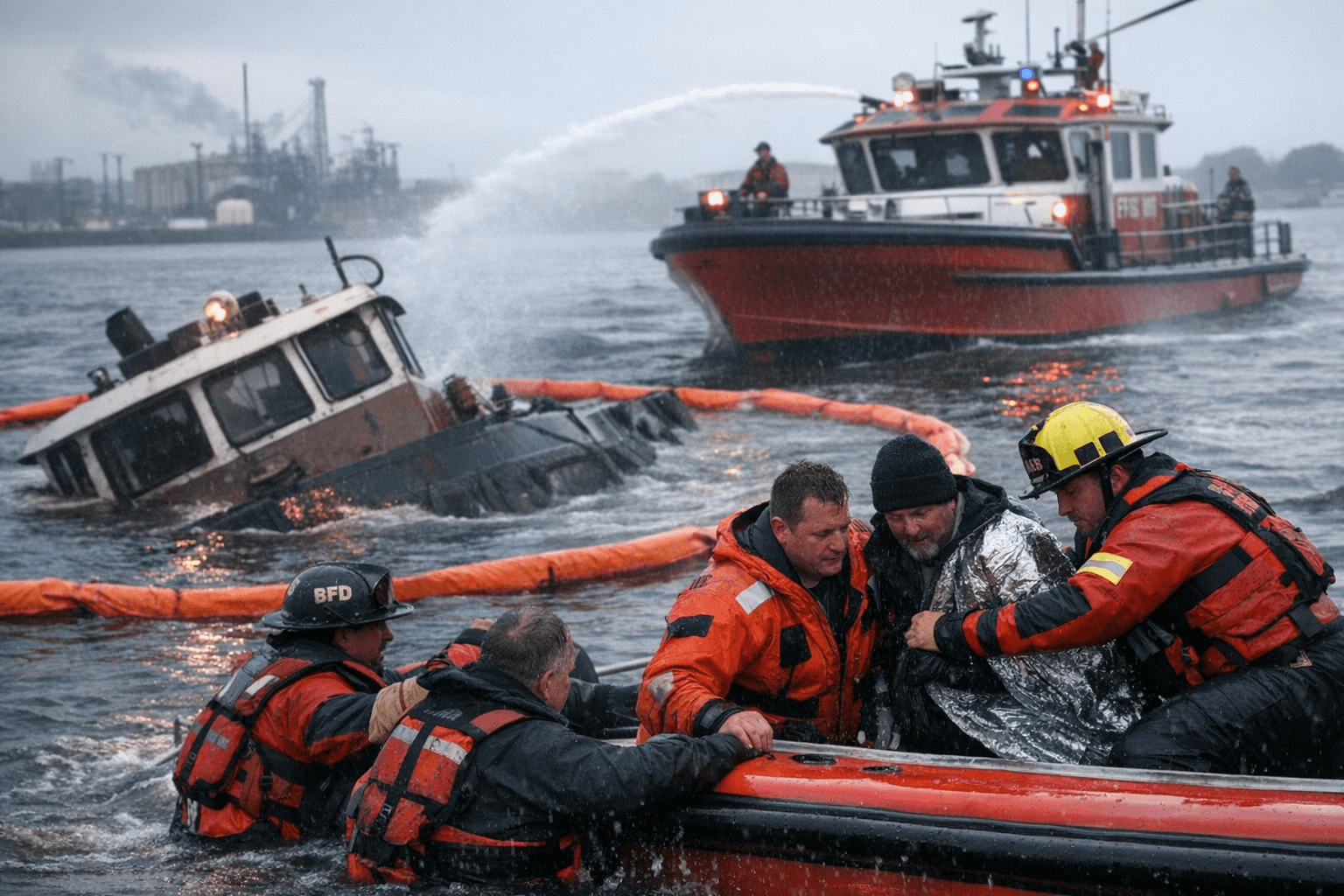Baltimore City Fireboats Rescue Crew After Tugboat Sinks in Curtis Creek