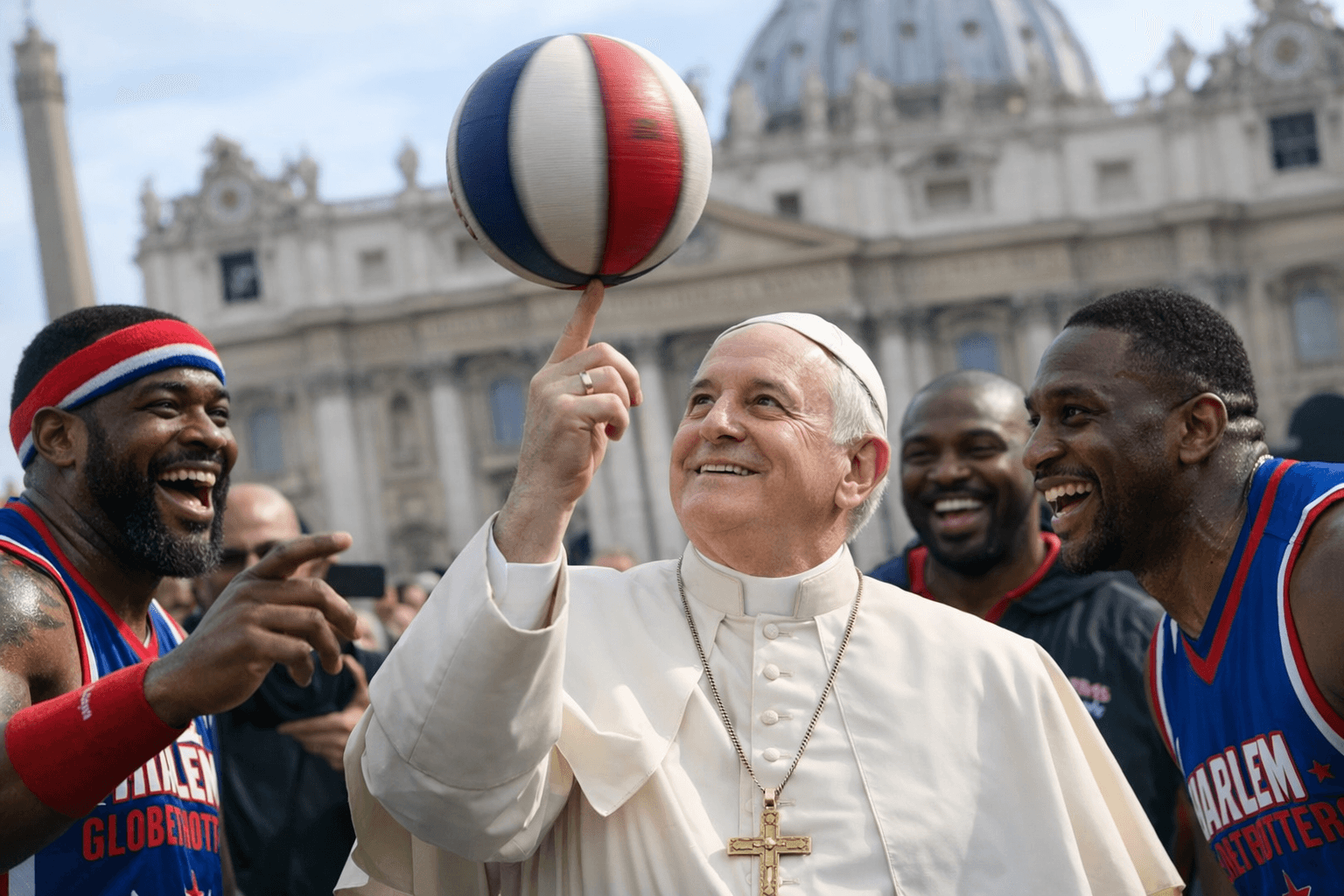 Pope Leo XIV Tries Basketball Spinning Trick With Harlem Globetrotters