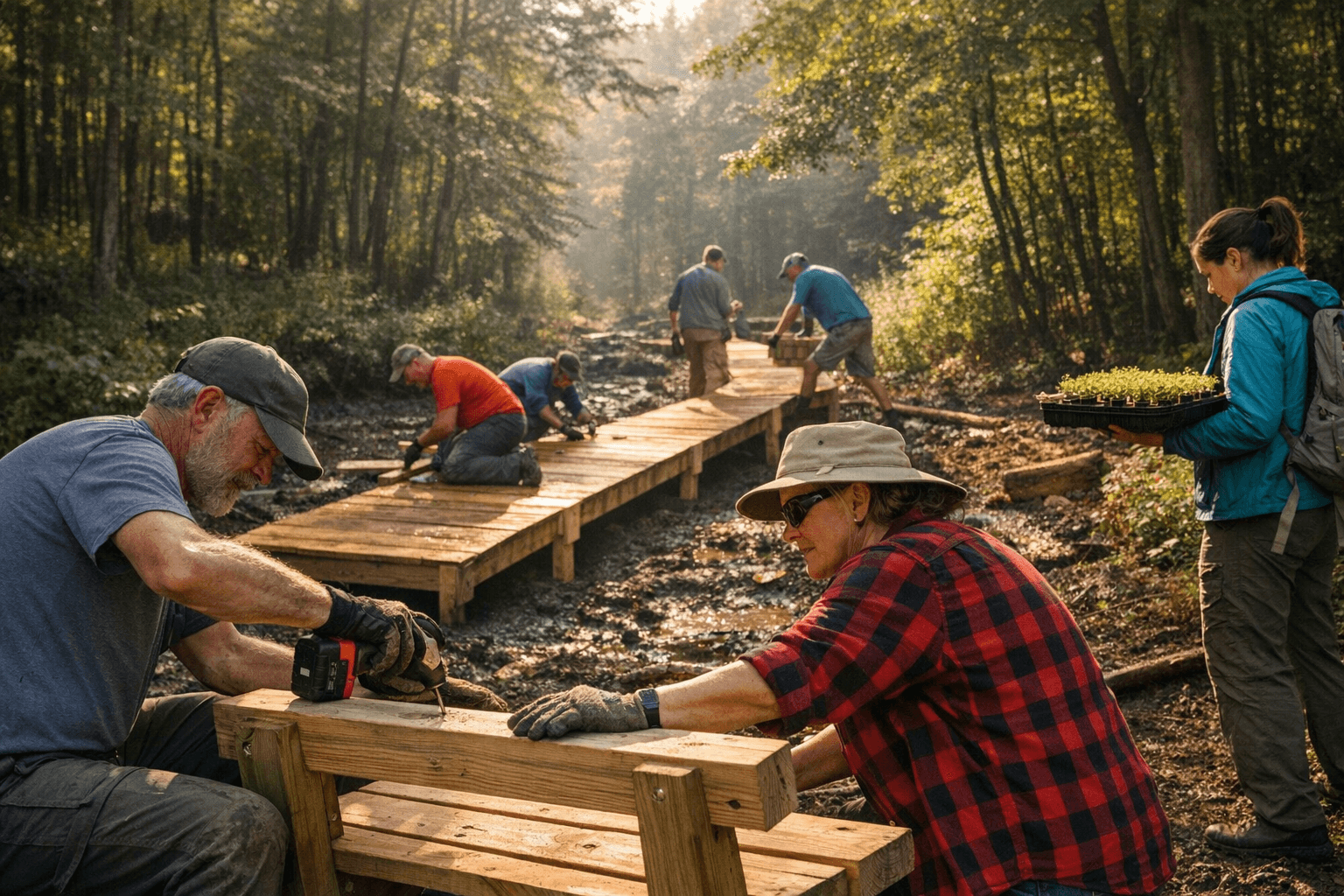 Volunteers Build Benches, Boardwalks, and Native Seed Pots on Local Trails