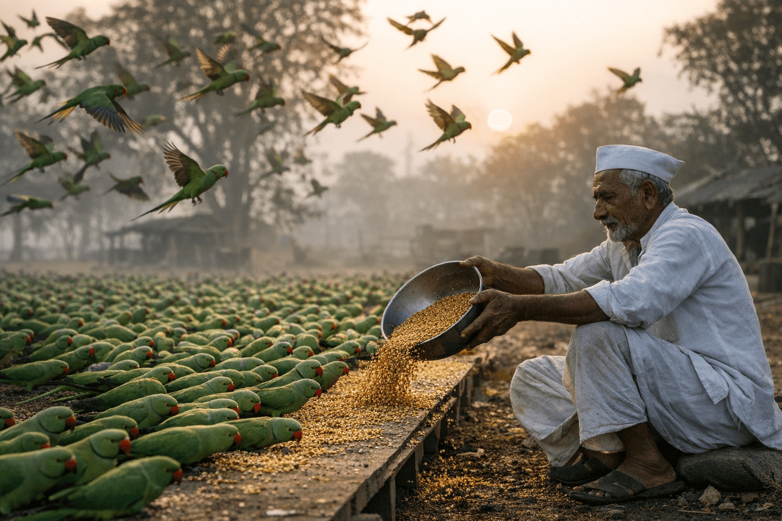 Gujarat Farmer Feeds Thousands of Wild Parrots Daily for Nearly 30 Years