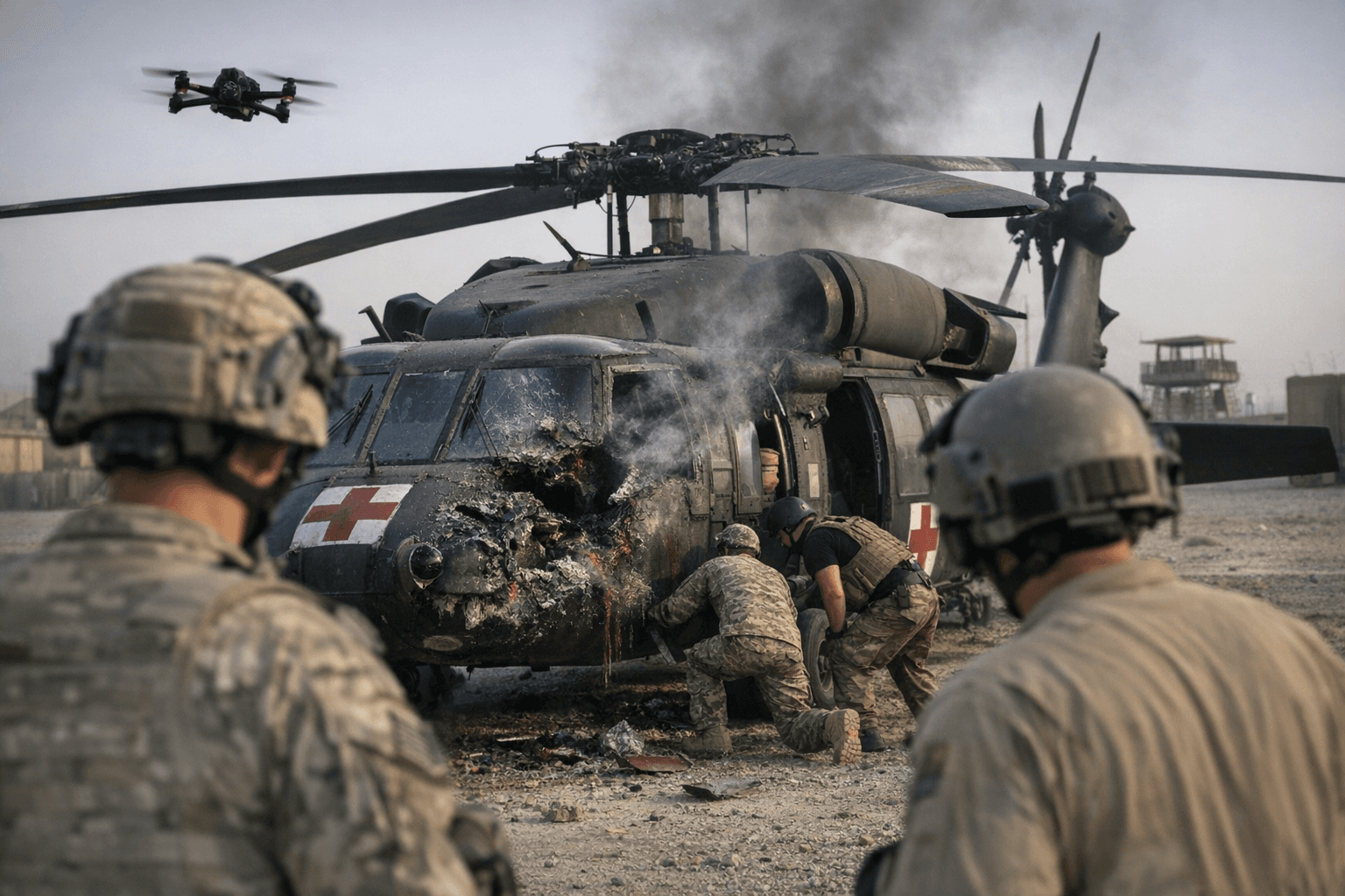 FPV Drone Strikes U.S. Army Medevac Black Hawk at Baghdad Base