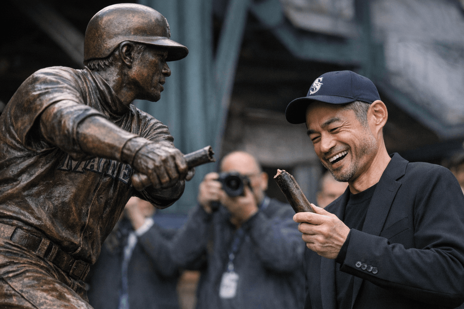 Ichiro's Statue Bat Snaps at Unveiling, but He Laughs It Off