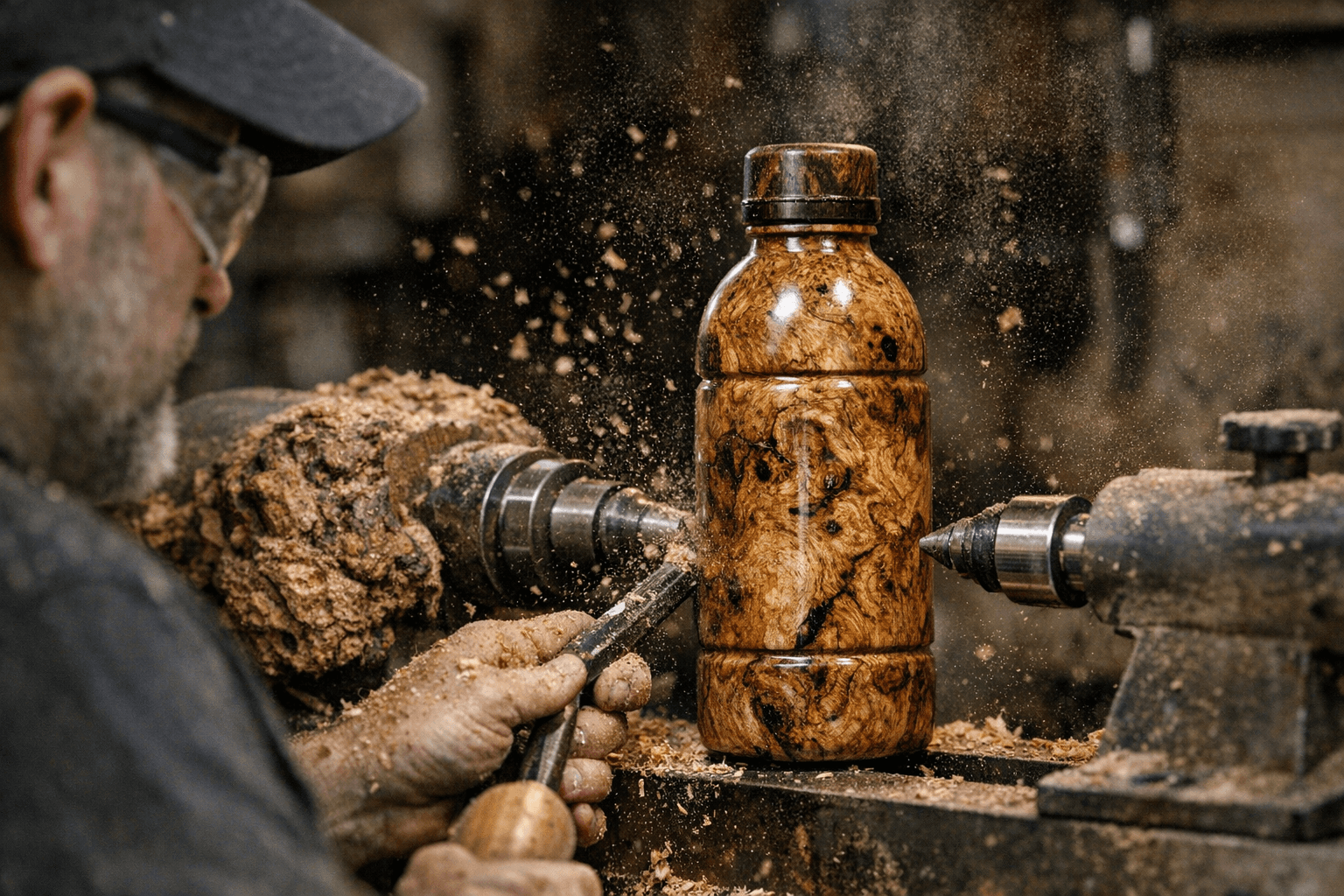Turner Shapes Oak Burl Into Striking Bottle Form on the Lathe