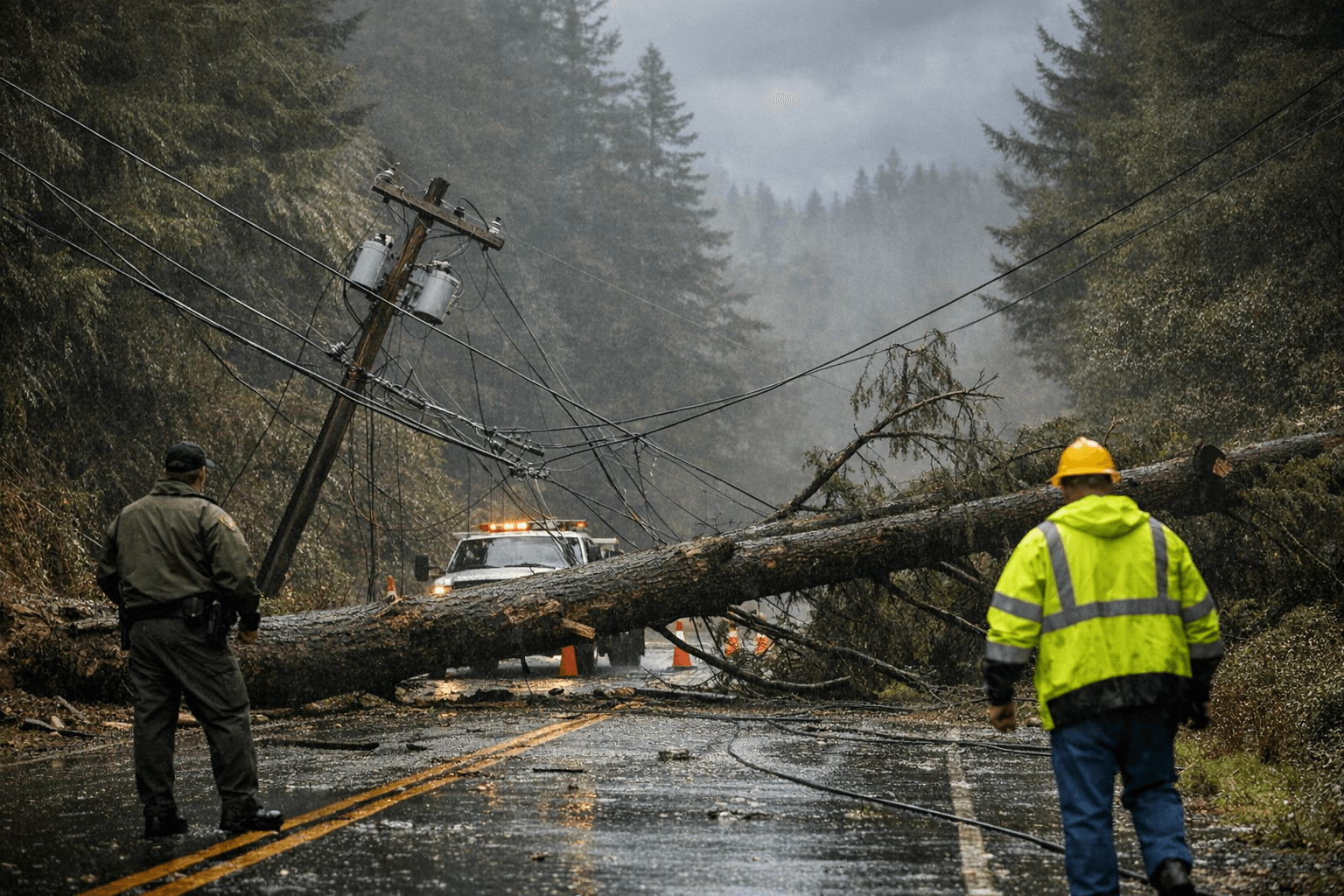Wind topples tree, power lines, blocking road northwest of Blue Lake