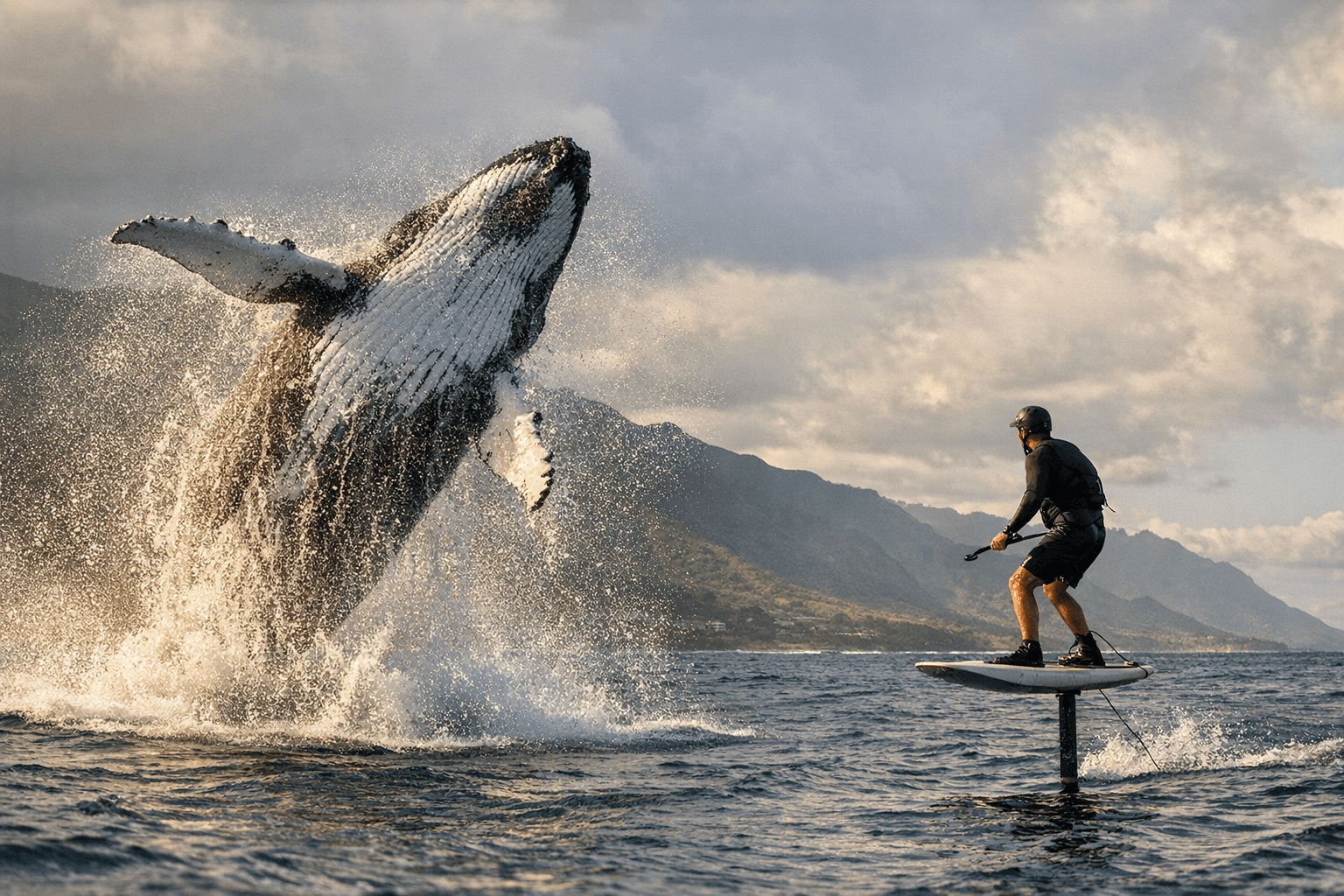 Whale breaches beside hydrofoil surfer off Hawaii coast, shocking video captured