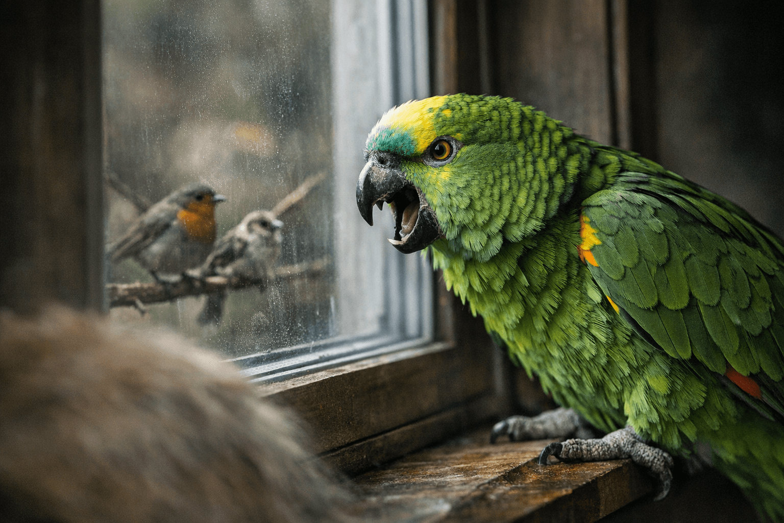 Amazon Parrot Growls Like a Dog While Guarding the Window
