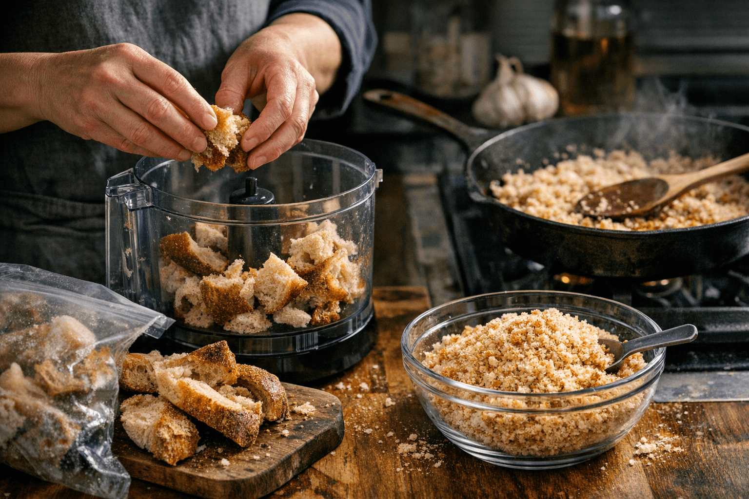 Stale sourdough heels become freezer-ready breadcrumbs for everyday cooking