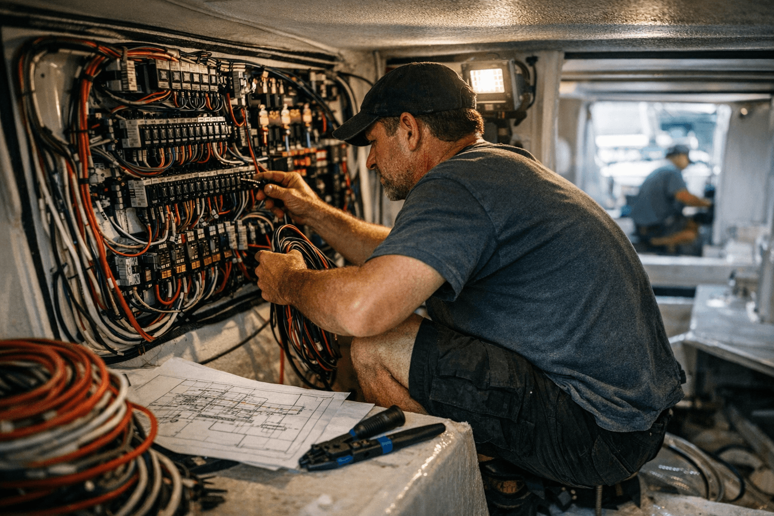 Catamaran build starts electrical panel, wiring every onboard system