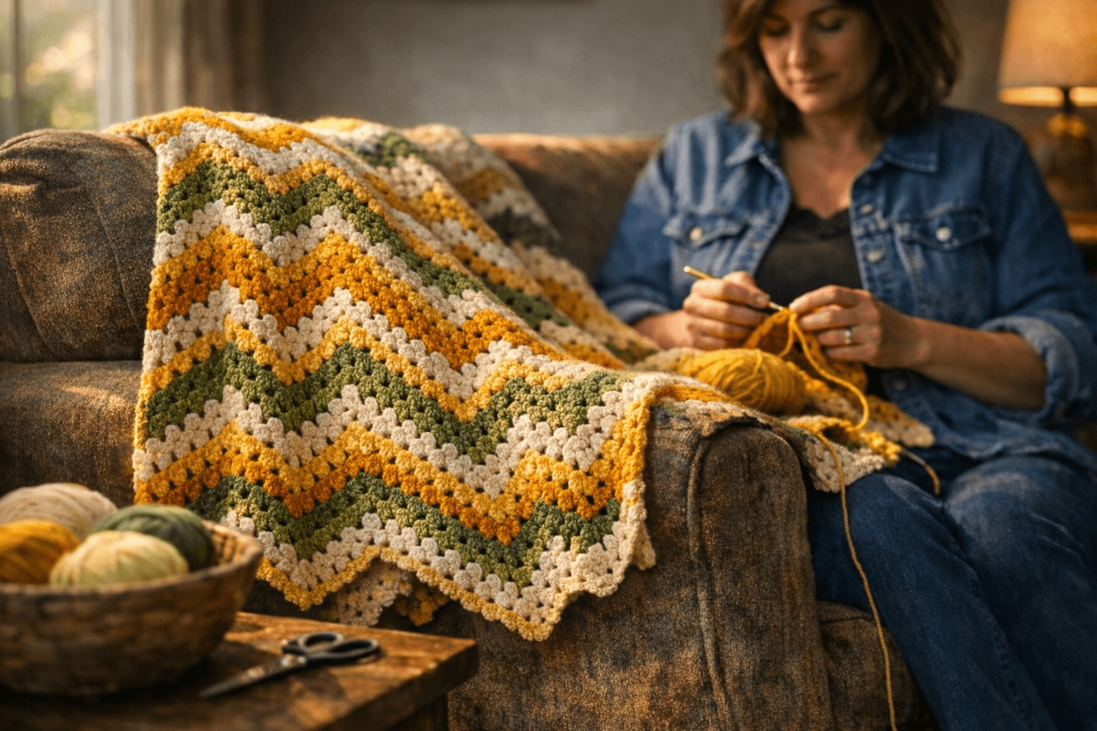 Assia Colozzo’s Golden Meadow blanket blends granny ripple and chevron waves