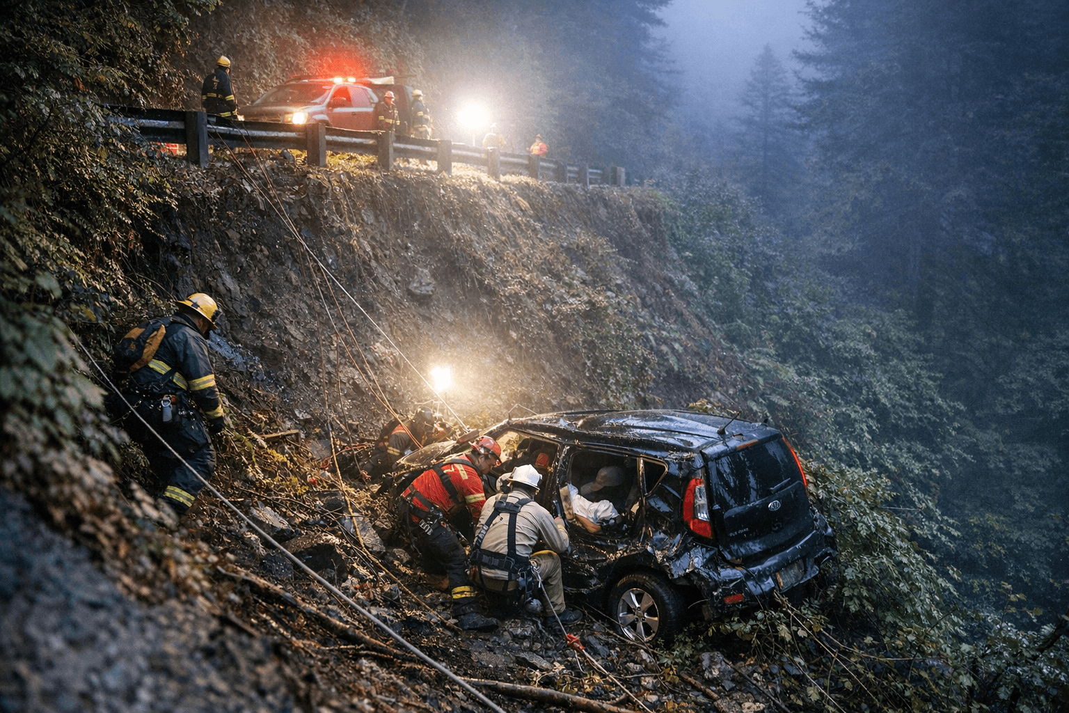 Kia Soul crashes off Highway 101 near Orick, driver trapped below road