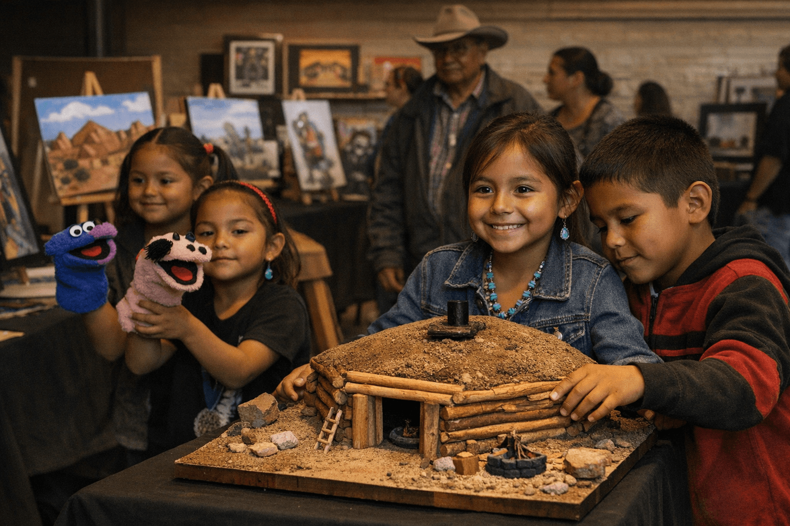 Mariano Lake students showcase art, puppets, Hogan model at Gallup show